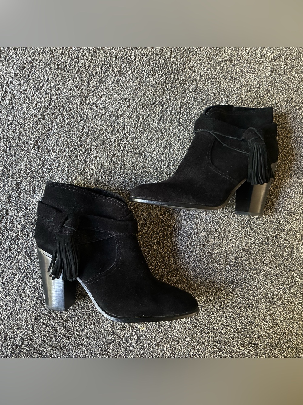 Vince Camuto Fianna Black Suede Tassel Ankle Boots, Size 9.5 M